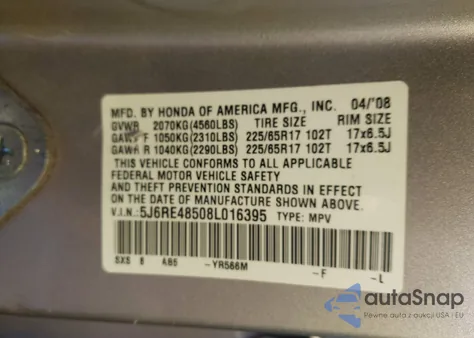 2008 Honda Cr-V Ex из США, поврежденный, VIN 5J6RE48508L016395